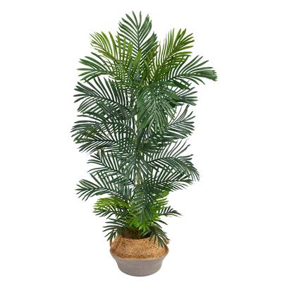 5'Areca Artificial Palm Tree in Boho Chic Handmade Cotton & Jute Gray Woven Planter UV Resistant (Indoor/Outdoor)