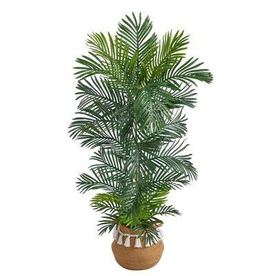5'Areca Artificial Palm Tree in Boho Chic Handmade Natural Cotton Woven Planter with Tassels UV Resistant (Indoor/Outdoor)