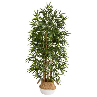 64" Bamboo Artificial Tree with Natural Bamboo Trunks in Boho Chic Handmade Cotton & Jute White Woven Planter