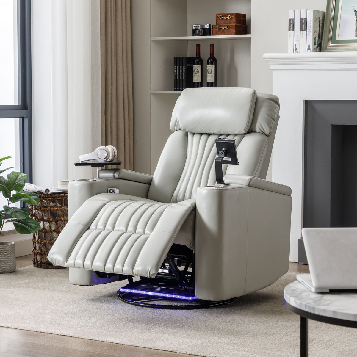 270° Power Swivel Recliner Home Theater Chair With Hidden Arm Storage, LED Light, Cup Holder, And Tray Table