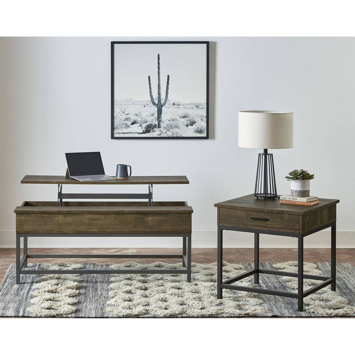 Walton - 2 Piece Coffee And End Table Set With Lift Top Design - Brown Oak