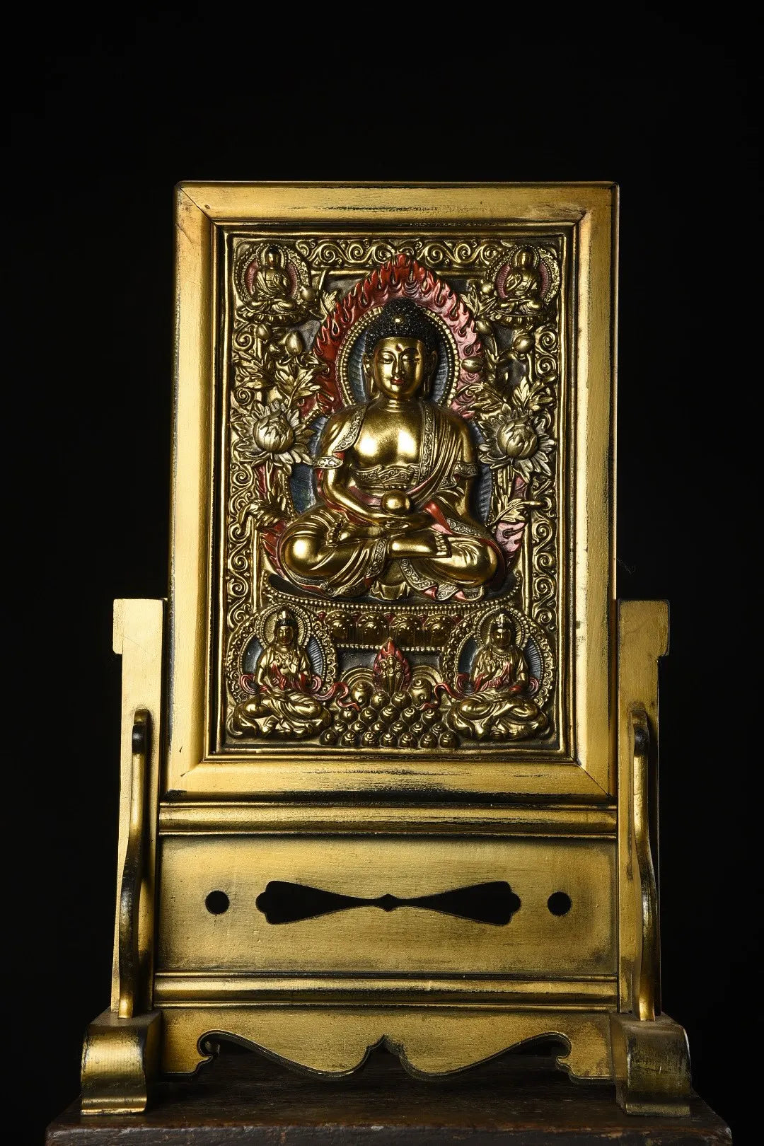 25" Xizang Vintage Lacquerware Gilded True Gold Painted Shakyamuni Two-sided Thangka Screen Insertion