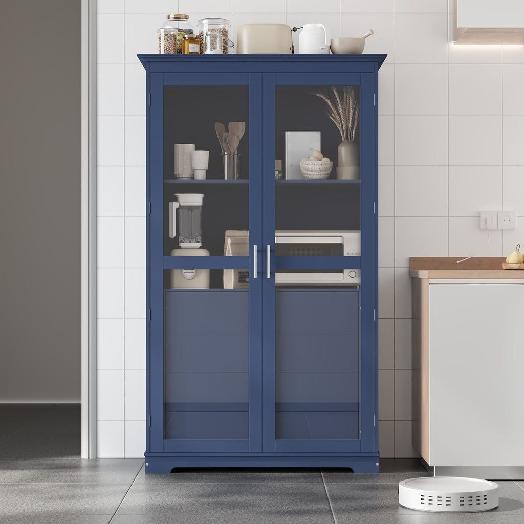 Kitchen Pantry, Freestanding Kitchen Storage Cabinet Display Cabinet With Glass Doors And 4 Built In Drawers For Living Room, Home Office - Blue