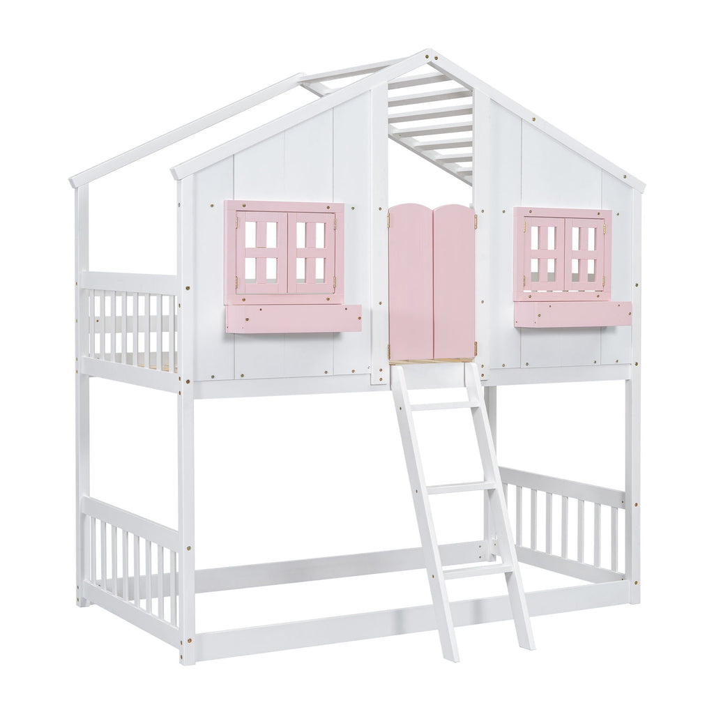 House Bunk Bed With Roof, Window, Window Box, Door, With Safety Guardrails And Ladder