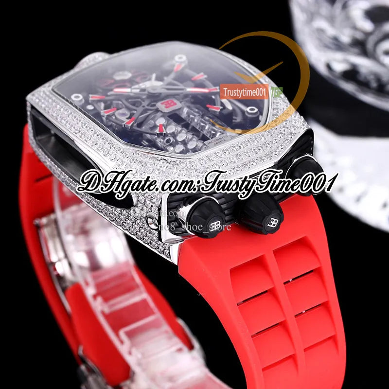 Bugatti Chiron Tourbillon Autoamtic Mens Watch 16 Cylinder Engine Skeleton Dial Iced Out Diamonds Inlay Case Blue Rubber Strap Trustytime001Watches BU200.30