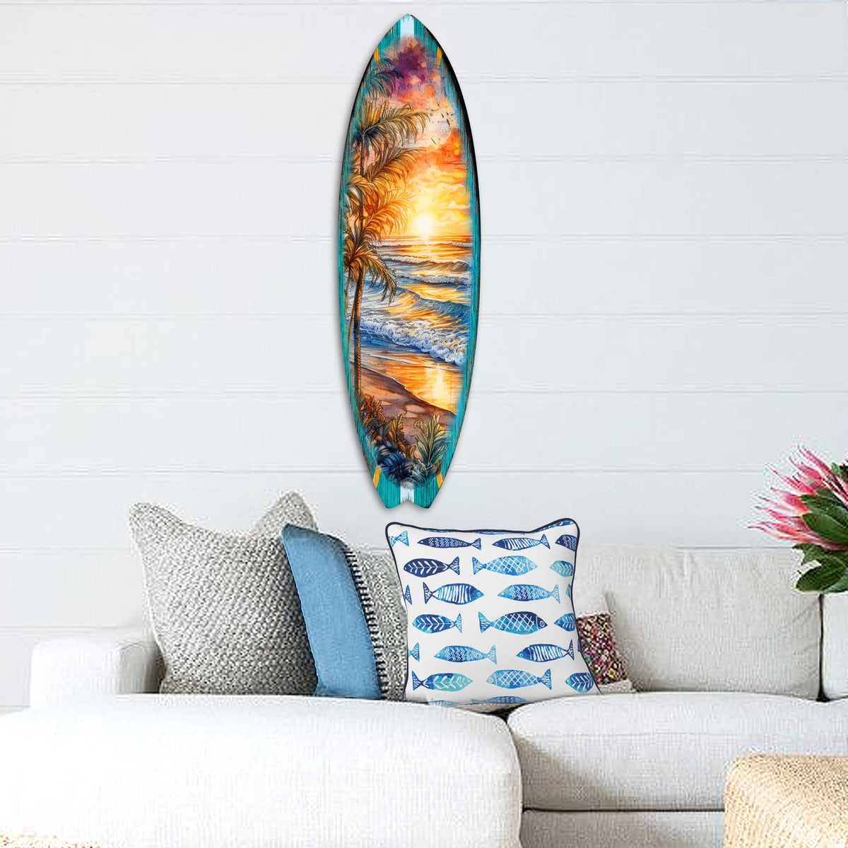 Surfboard Coastal Wall Art - Golden Waves Ocean Sunset Wall Art by G. DeBrekht - Coastal Holiday Decor - 8490136HS