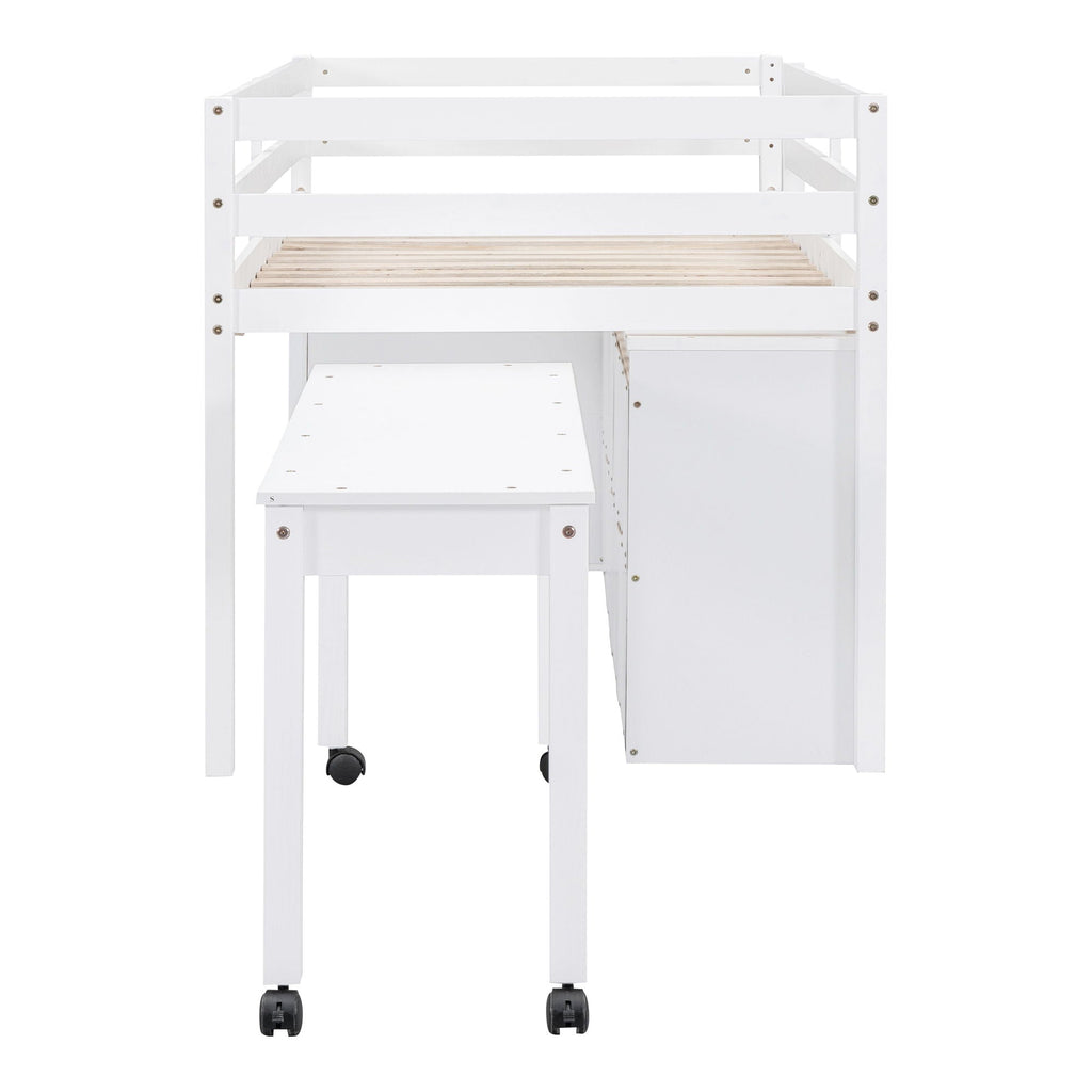 Loft Bed With Retractable Writing Desk And 4 Drawers, With Lateral Portable Desk And Shelves
