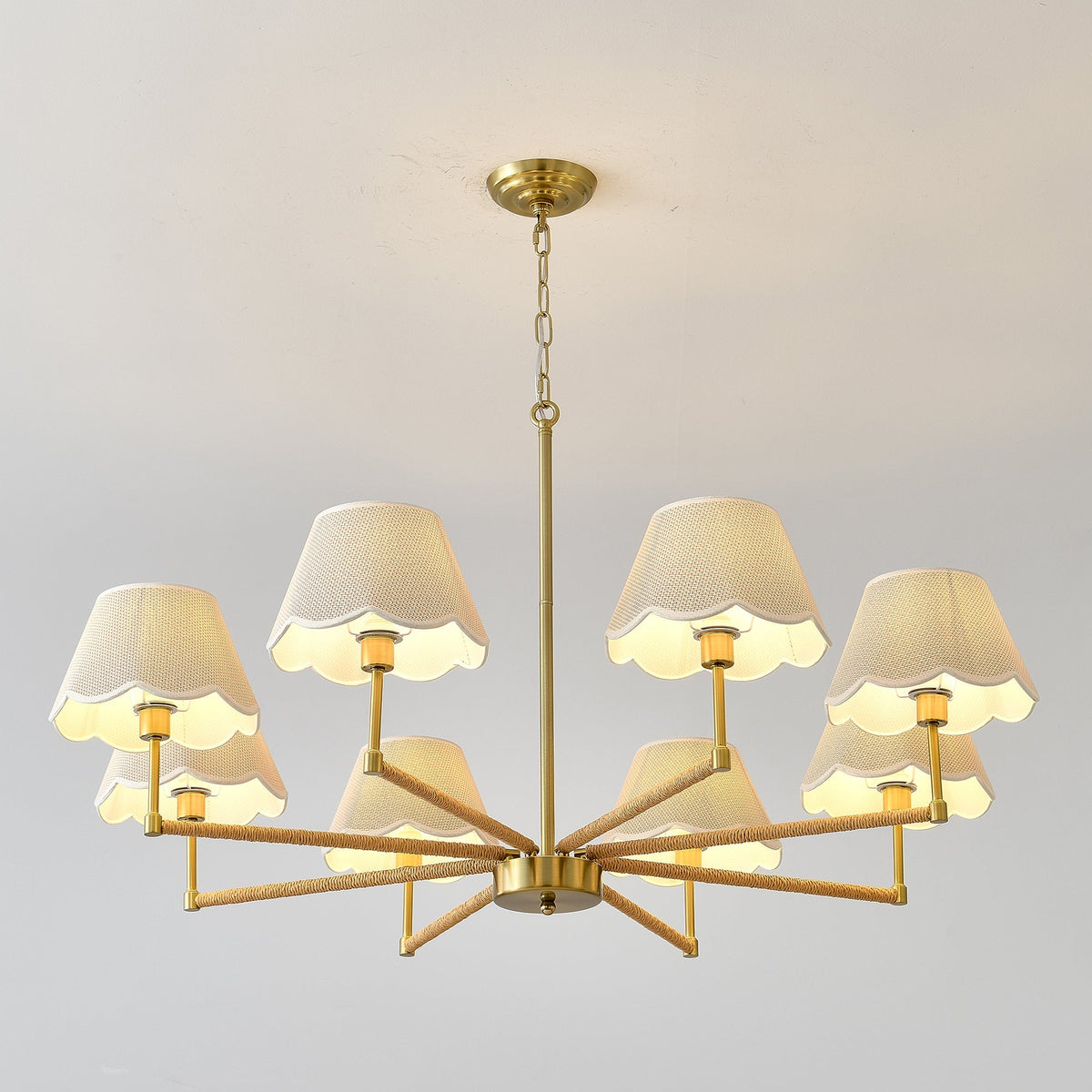 8-Light Rope and Fabric Shade Gold Chandelier