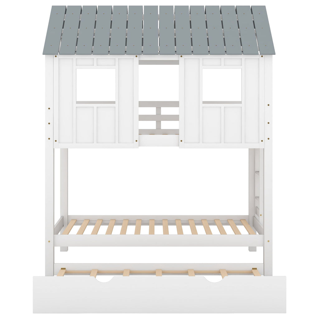 Twin Size House Bunk Bed With Trundle, Roof And Windows - White / Gray
