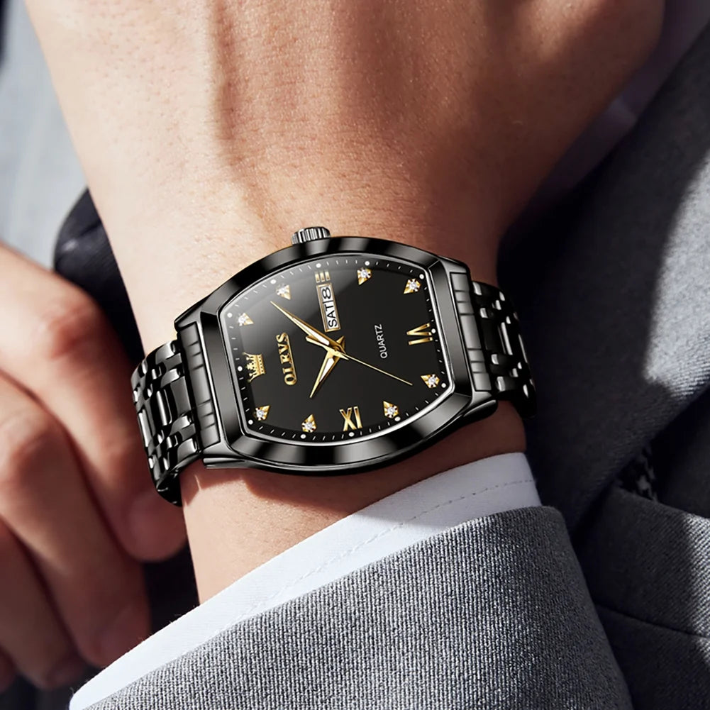 Mens Watches Square Business Dress Diamond Analog Quartz Date Luxury Watches for Men Dress Casual Stainless Steel Waterproof Luminous Mens Wrist Watches Gifts Reloj Para Hombre Gold/Black Dial