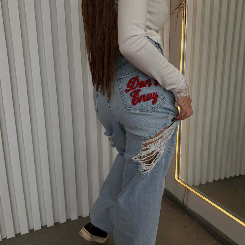 Women's Straight-leg Washed Embroidered Ripped Jeans