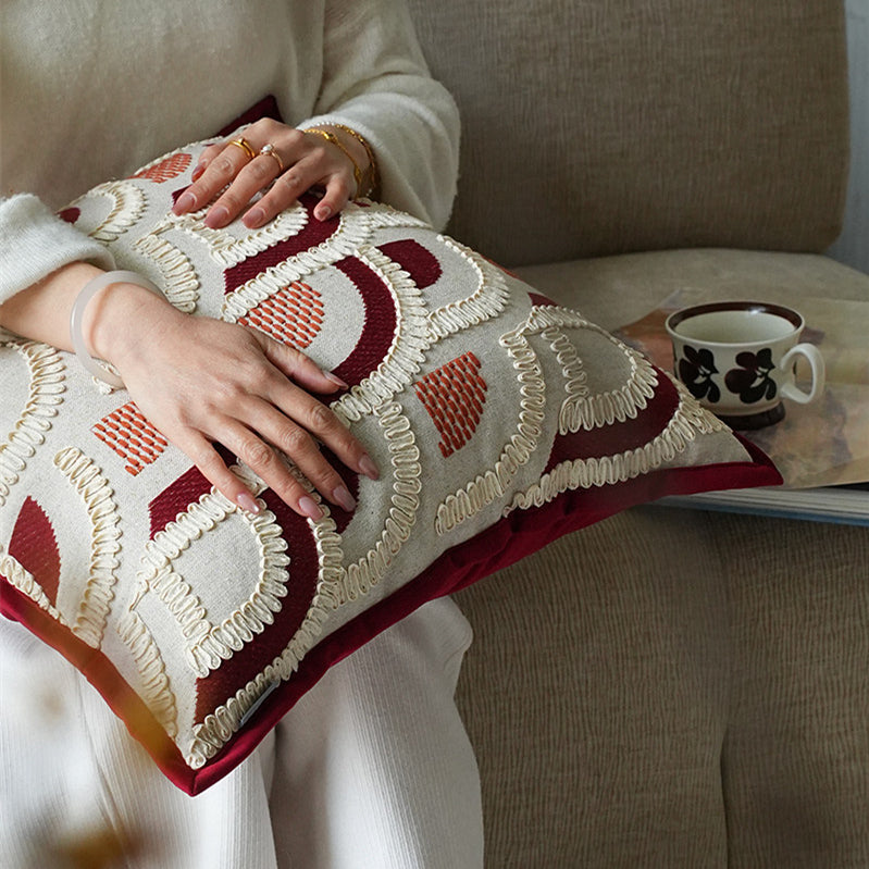 Mid-Century Wabi-Sabi Embroidered Red Jacquard Throw Pillow For The Home