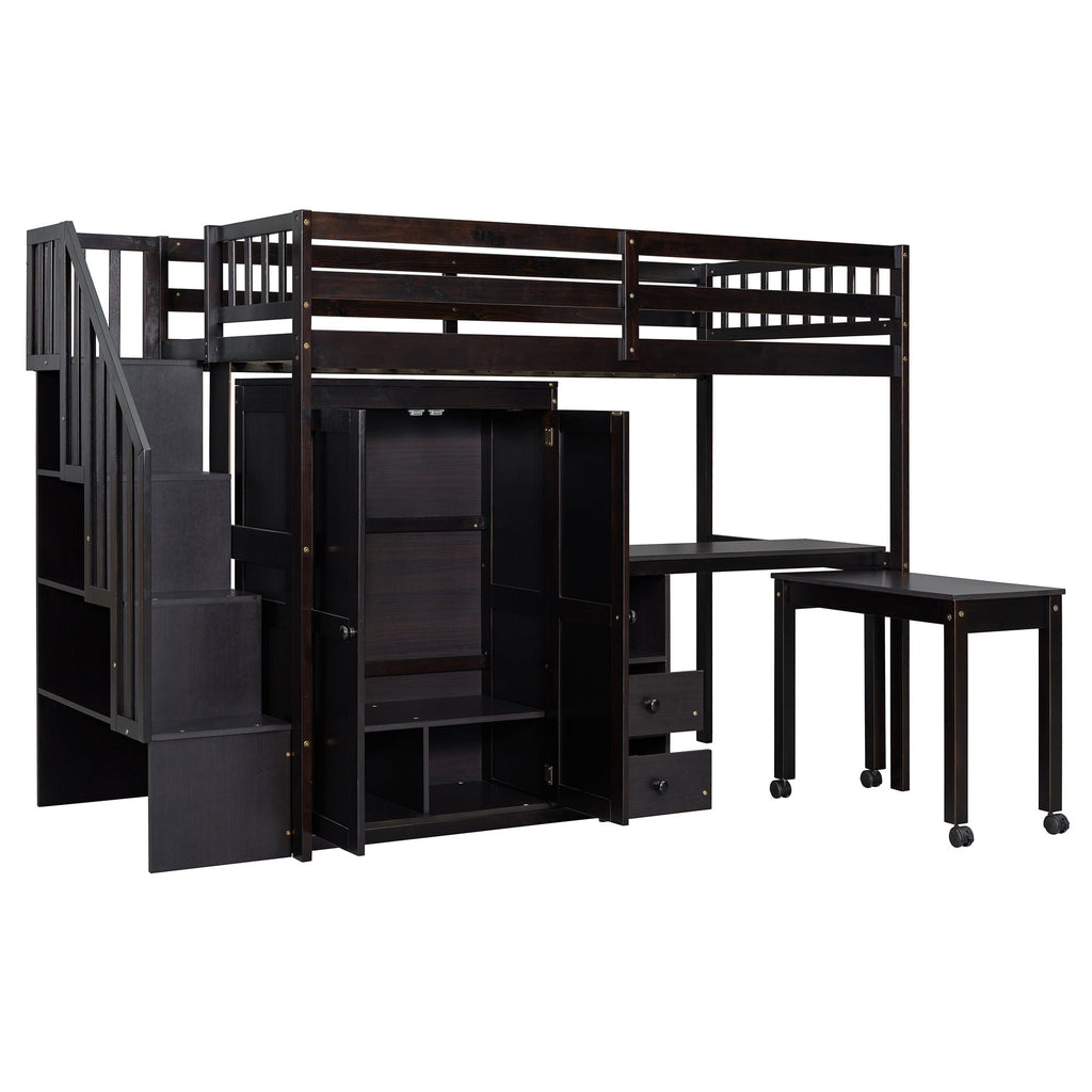 Loft Bed With Stairs, Bookshelf, Drawers, Desk & Wardrobe, Space Saving Multifunctional Furniture
