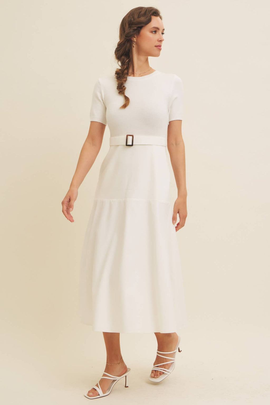 Delaney Sweater Midi Dress - White Mixed Media Dress with Belt