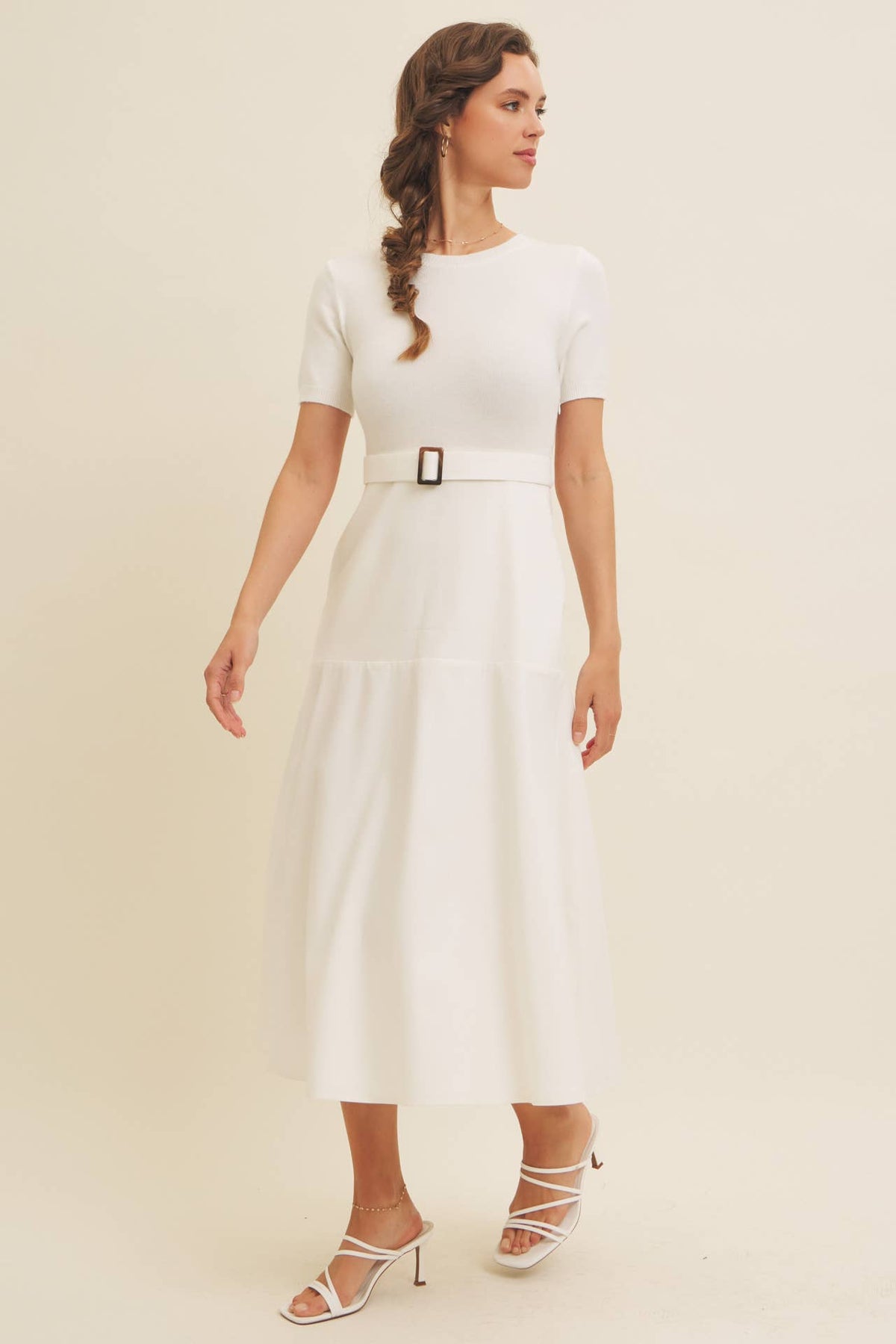 Delaney Sweater Midi Dress - White Mixed Media Dress with Belt