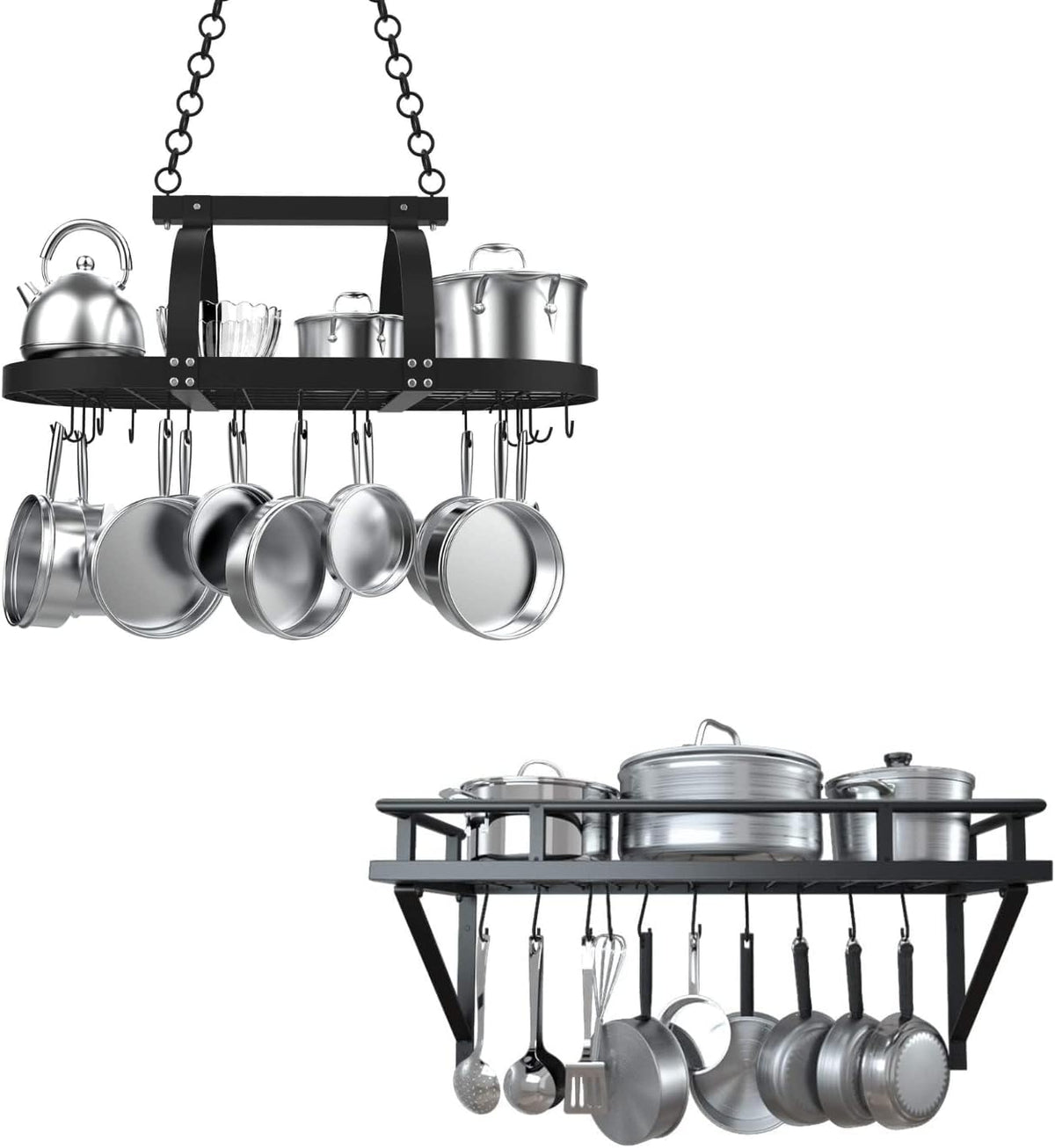 Ceiling Pot Rack 34-Inch Hanging Pot Rack for Kitchen 24 Inch Kitchen Pot Pan Rack Wall Mounted, KUR221S85-BK+KUR215S60-BK-NEW