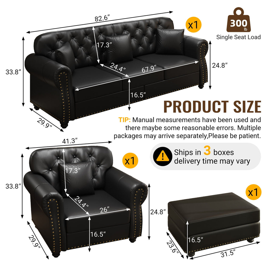 Upholstered Sofa With Nailhead Trim, Rolled Armrests With Ottoman