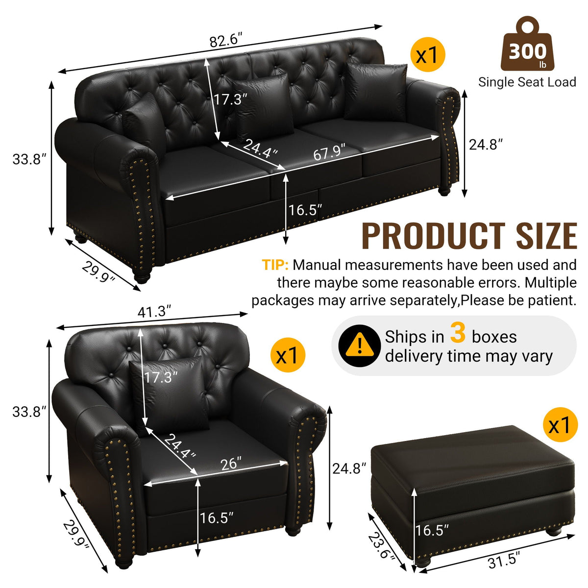 Upholstered Sofa With Nailhead Trim, Rolled Armrests With Ottoman