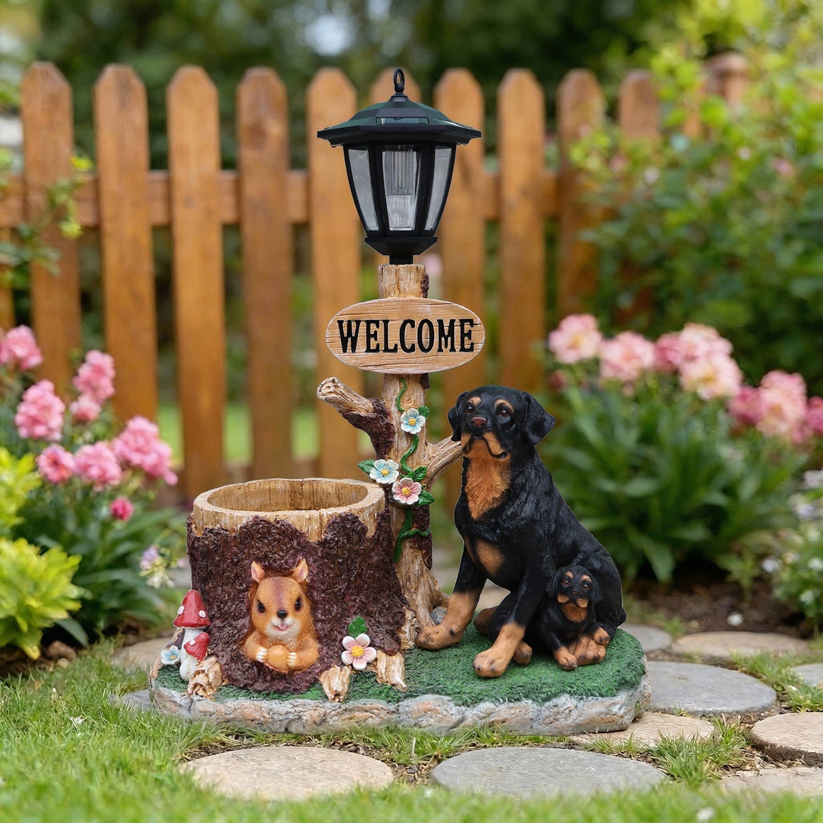Rottweiler Dog Family Planter Statue