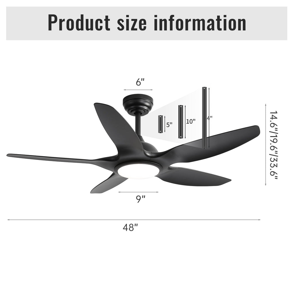 Ceiling Fan With Dimmable LED Light And Remote Control, 5 Blades DC Motor - Black
