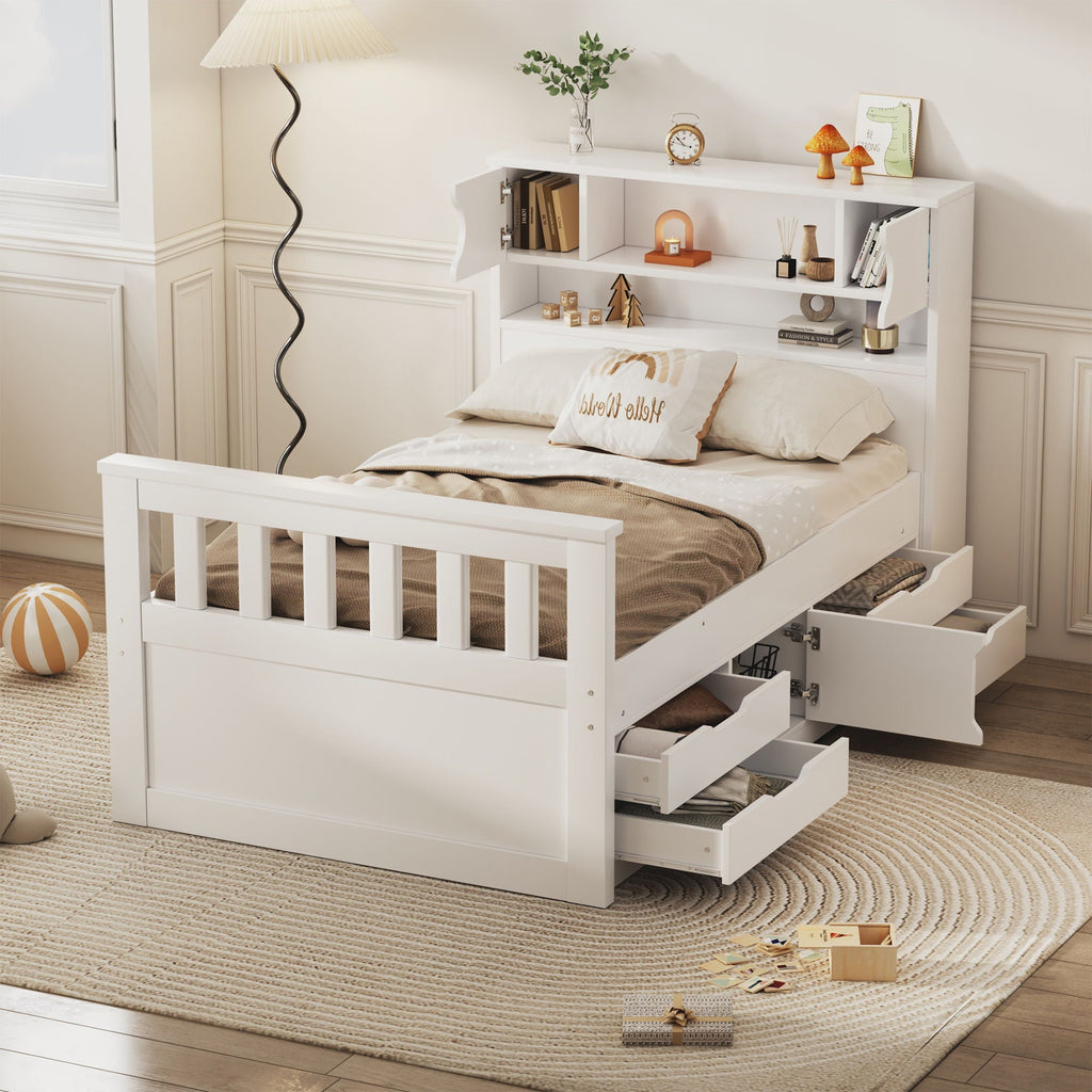 Captain Platform Bed Frame With Storage Bookcases, Shelves, And 4 Drawers