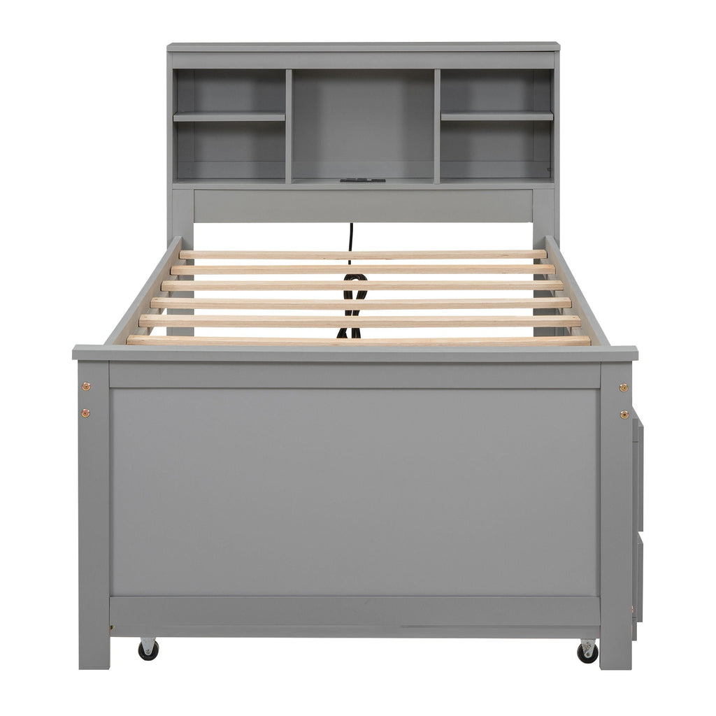 Platform Bed With Storage Headboard, USB, Trundle And 3 Drawers