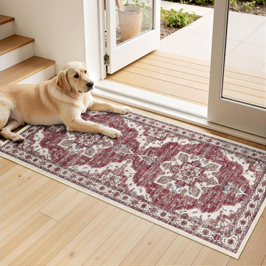 Non Slip Kitchen Rugs Sets of 3 Washable Kitchen Rug Boho Kitchen Mats for Floor Soft Kitchen Runner Rug Non Skid Kitchen Floor Carpet for Entryway Hallway Laundry Room, Brick Red