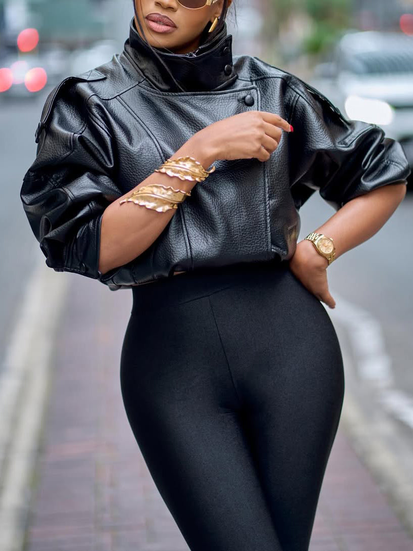 Black Lychee Grain Faux Leather Stand Collar Puff Sleeve Cropped Jacket
