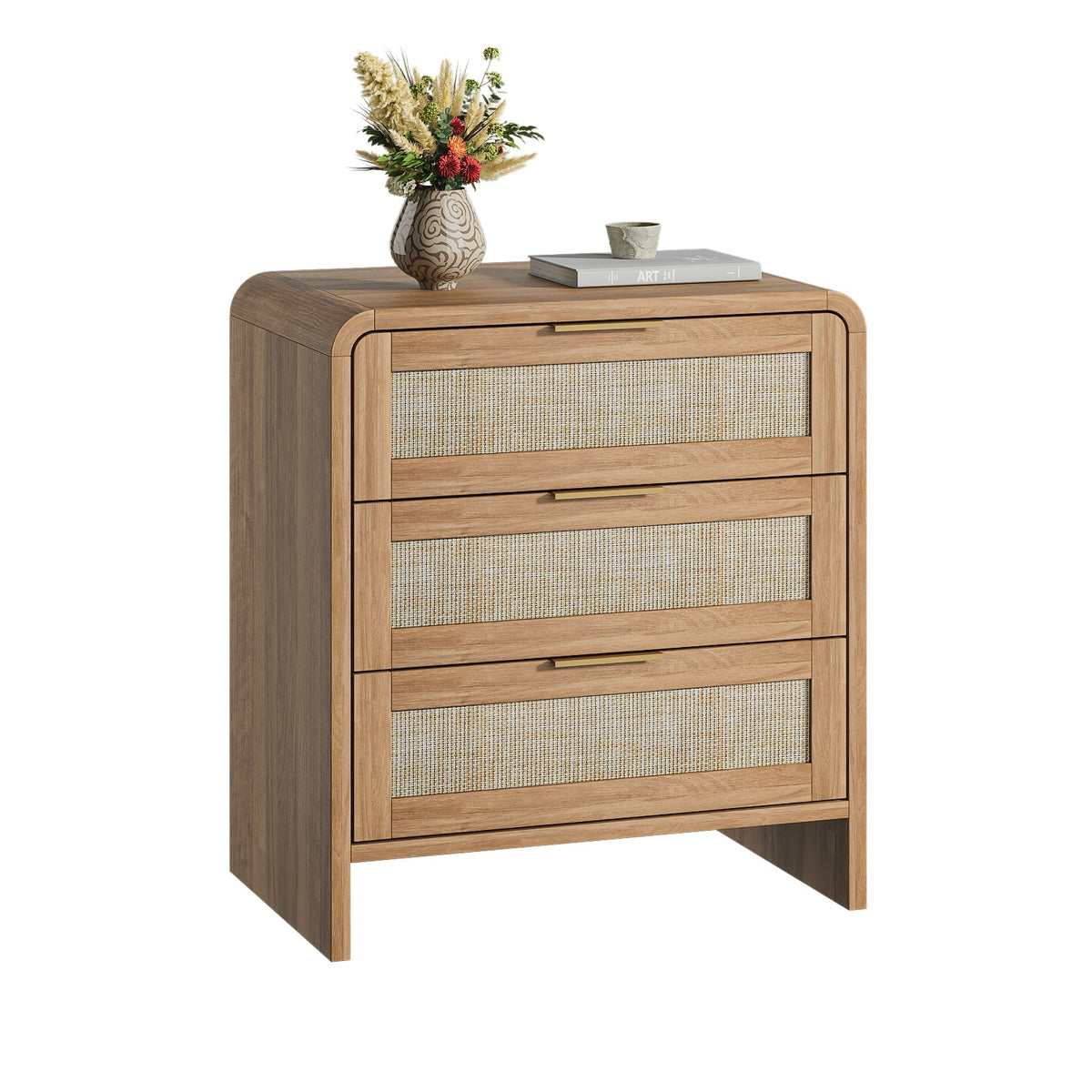 Rattan Nightstand Set of 2 with 3 Drawers in Caramel Oak