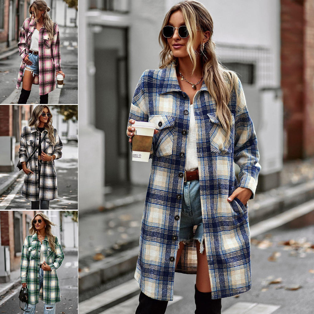 Women's Slim Fit Plaid Cardigan Coat – Long Sleeve Woolen Outerwear