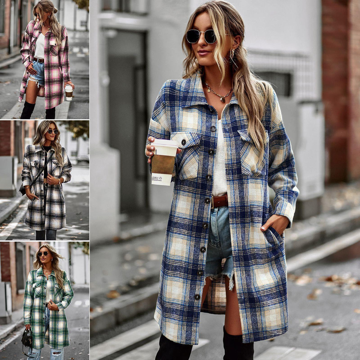 Women's Slim Fit Plaid Cardigan Coat – Long Sleeve Woolen Outerwear