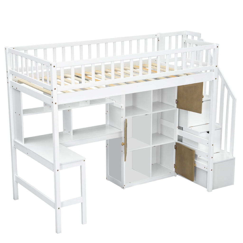 Loft Bed With Built In L Shaped Desk, LED Lights, Storage Shelves, Cabinets, And Staircase