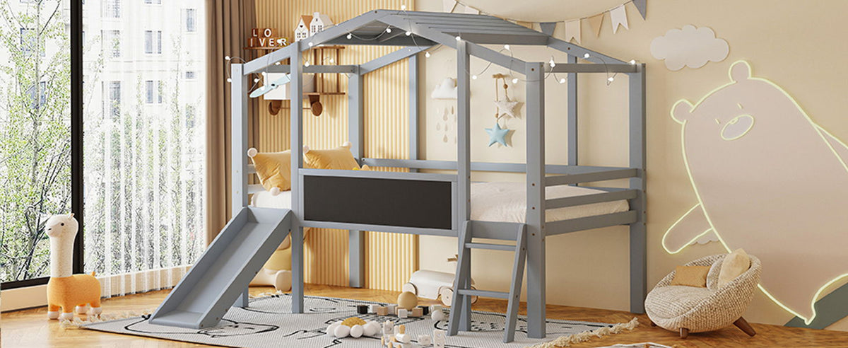 Loft House Bed With Ladder And Slide, With board And Light Strip On The Roof