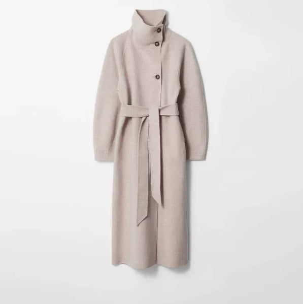 Retro Solid Stand Collar Long Tweed Coat Women