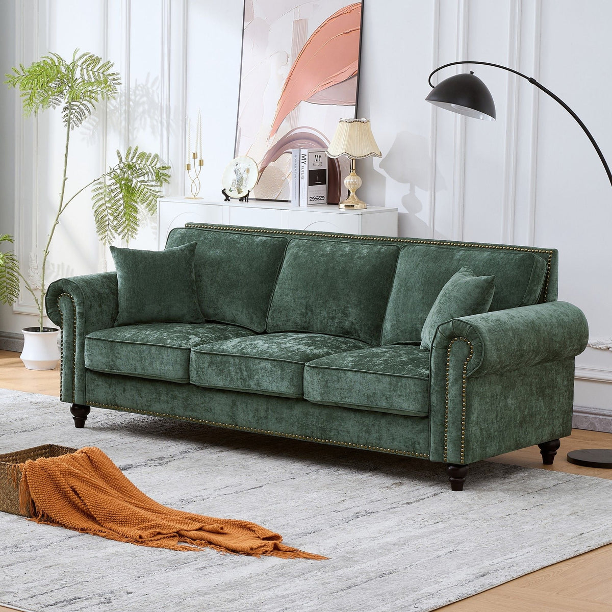 3 Seater Sofa With Tufted Upholstery, Rolled Arms, Nailhead Trim