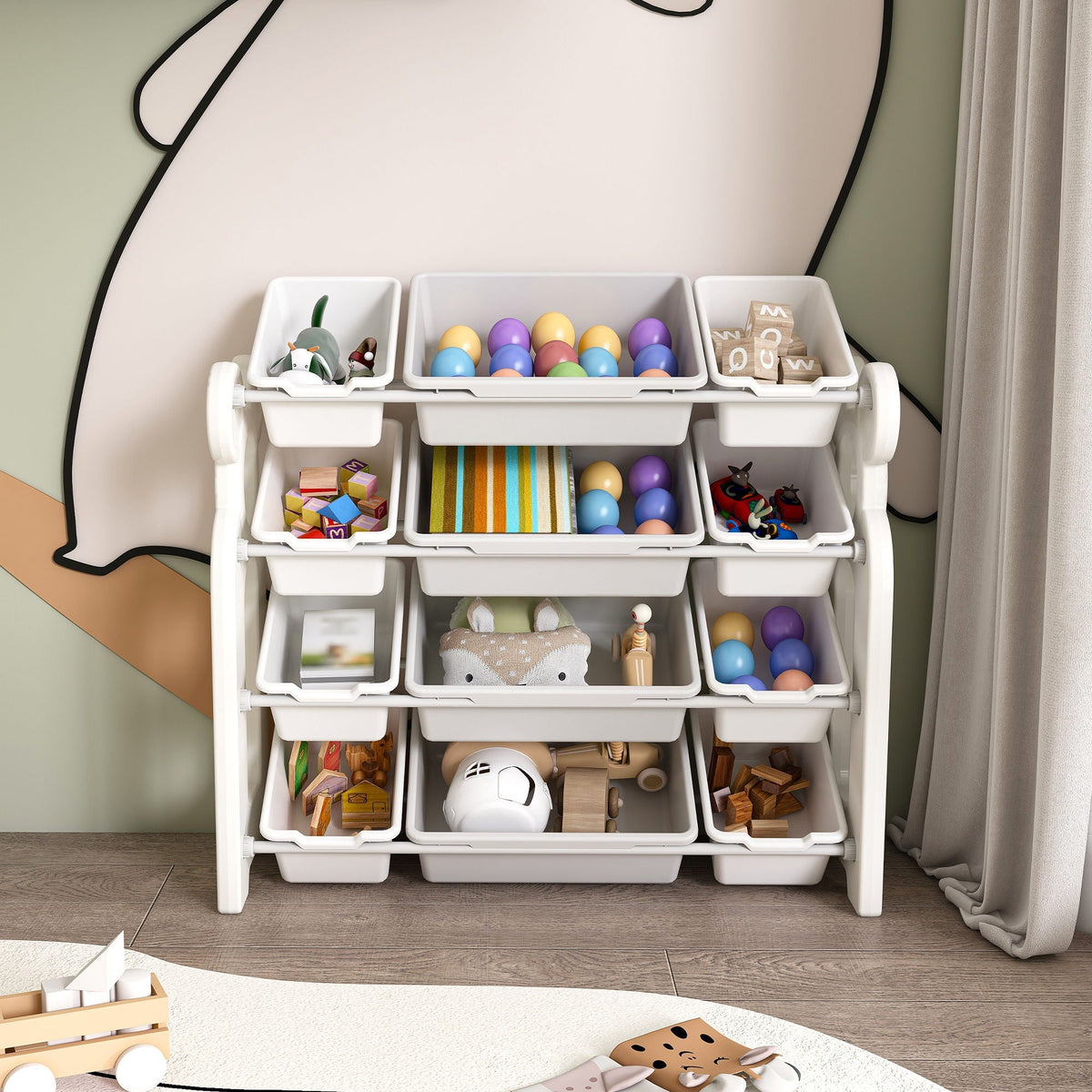 Multi Functional Kids Toy Storage Organizer Cabinet With Hdpe Shelf And 12 Bins - Gray White