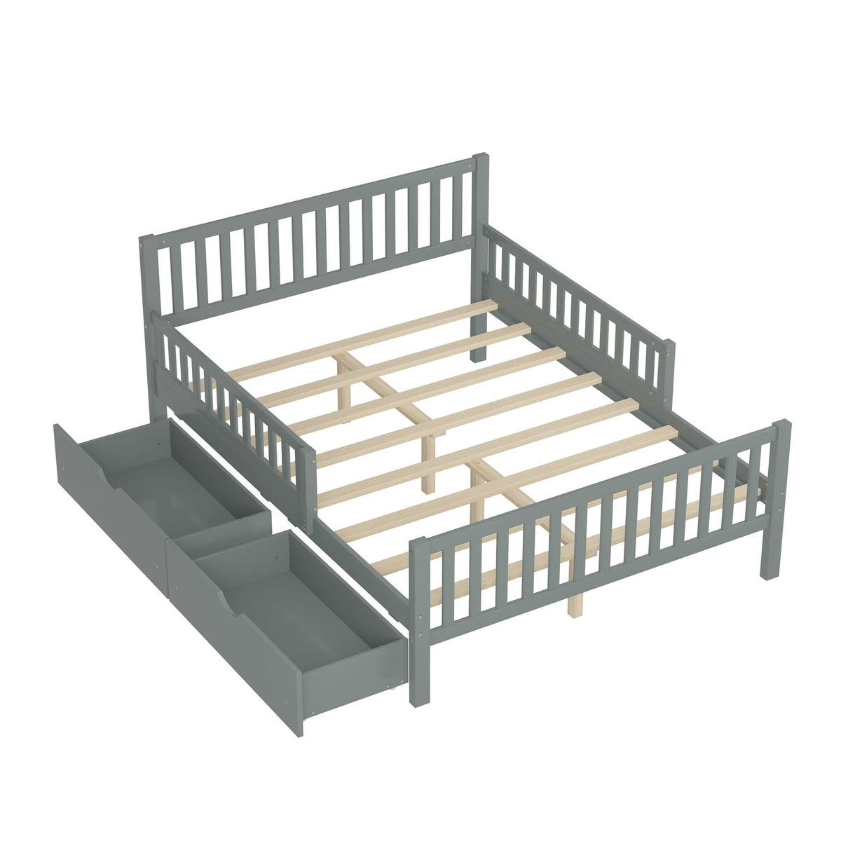 Platform Bed With Guardrails On Both Sides And 2 Storage Drawers