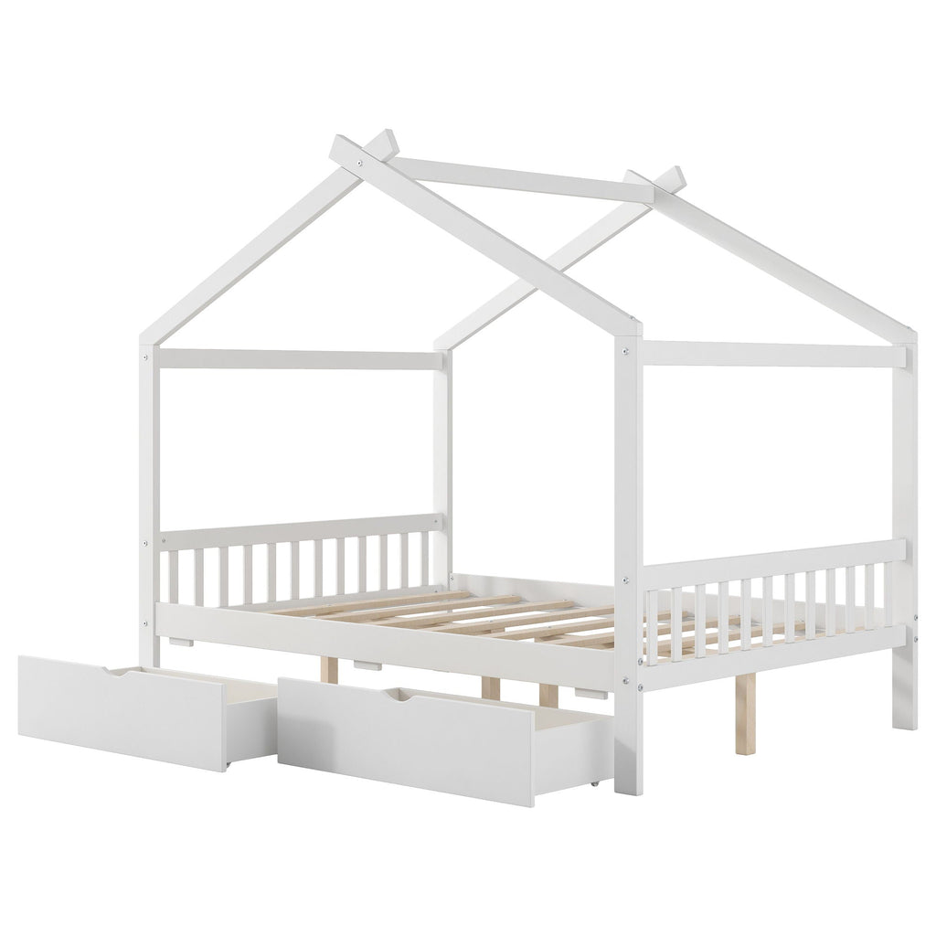 House Style Platform Bed With Headboard, Footboard, 2 Drawers, And Roof Design
