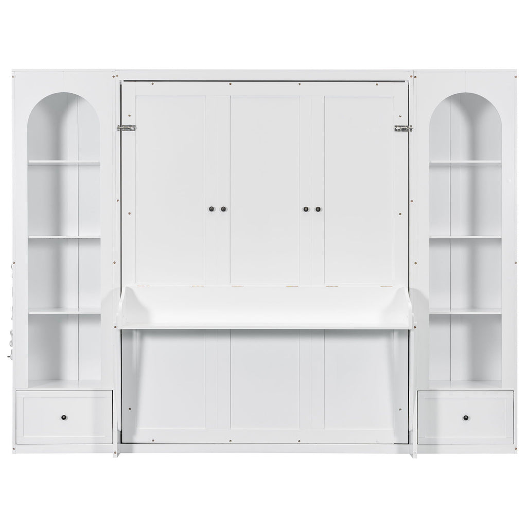 French Style Murphy Platform Bed With Shelf, Side Cabinets, Drawers And LED