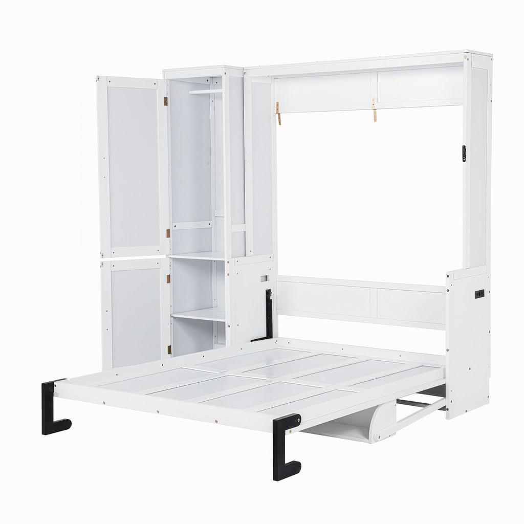 Queen Size Murphy Bed With Wardrobe, Space-Saving Hidden Wall Bed With Desk And Charging Station - White