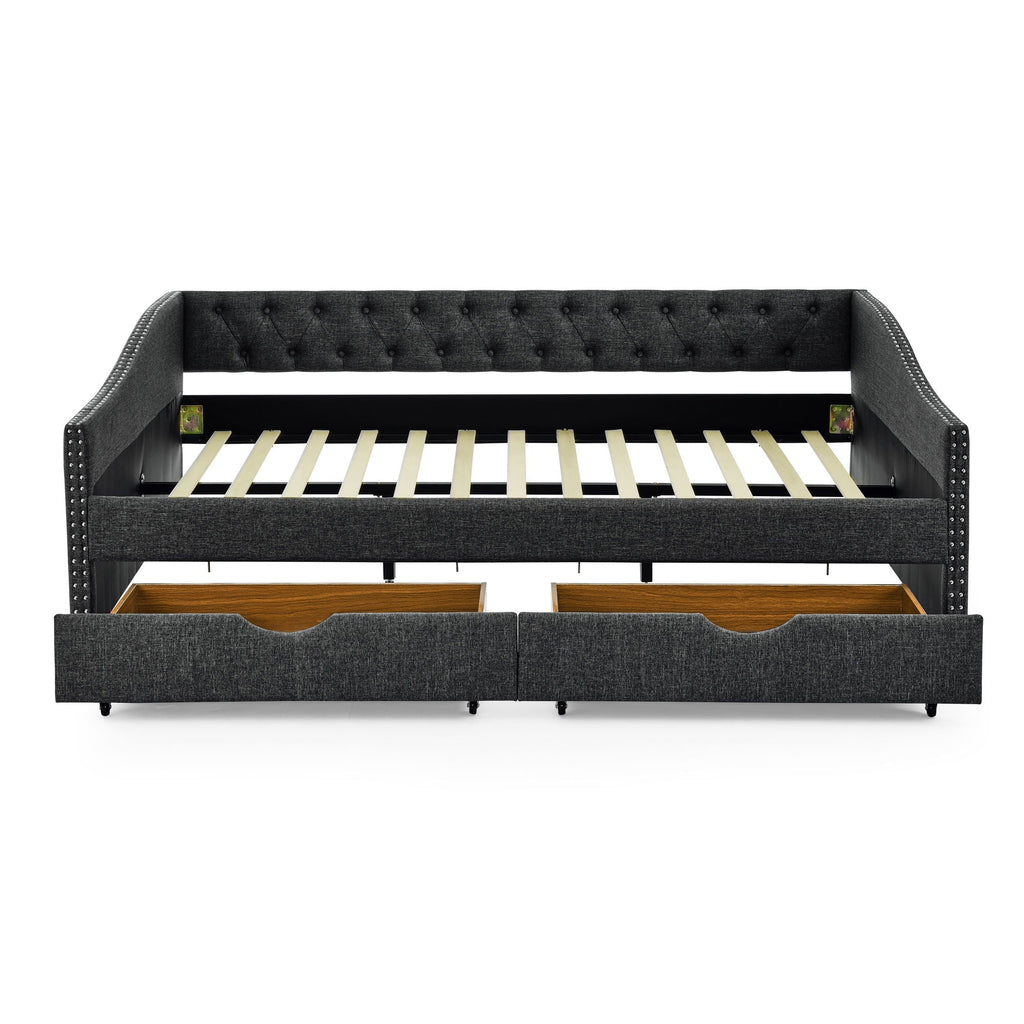 Upholstered Tufted Daybed With 2 Drawers, Waved Arms