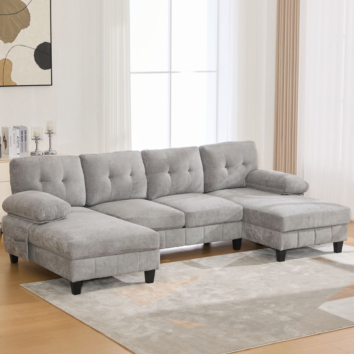 U-Shaped Sectional Sofa 103.5" Fabric Couch With Dual Chaise Lounges, Storage Pockets, Armrest Pillows