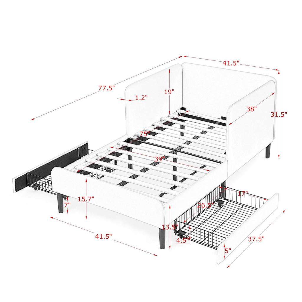 Upholstered Platform Bed Frame With 2 Storage Drawers And Adjustable Sofa Bed