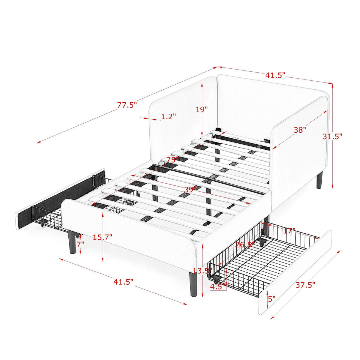 Upholstered Platform Bed Frame With 2 Storage Drawers And Adjustable Sofa Bed