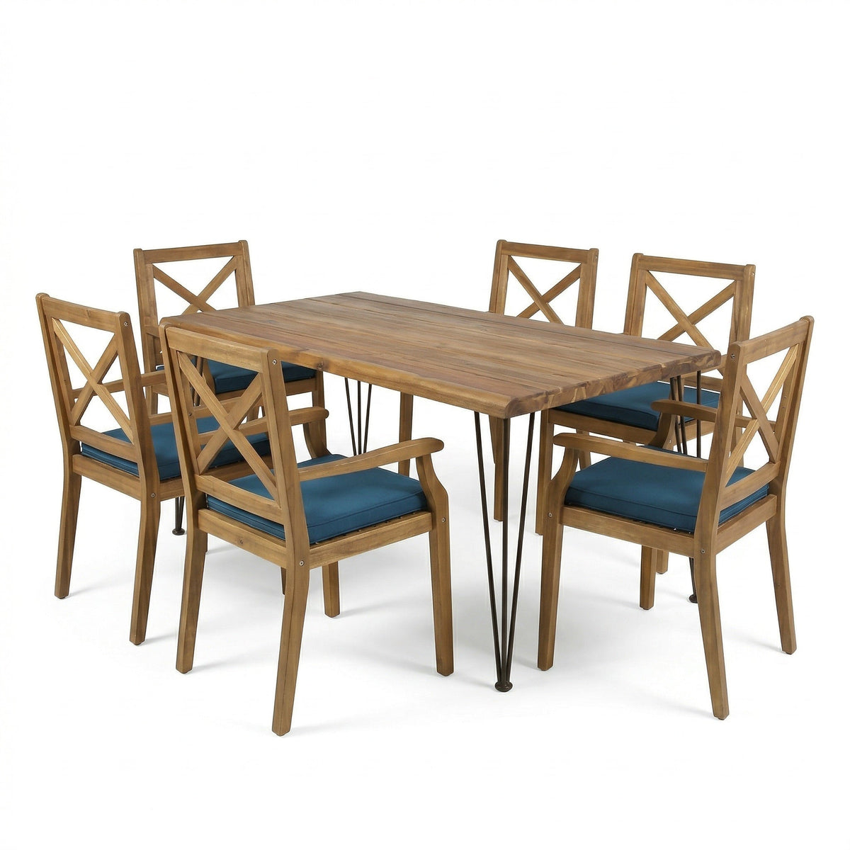 7-Piece Acacia Wood Outdoor Dining Set with Blue Cushions