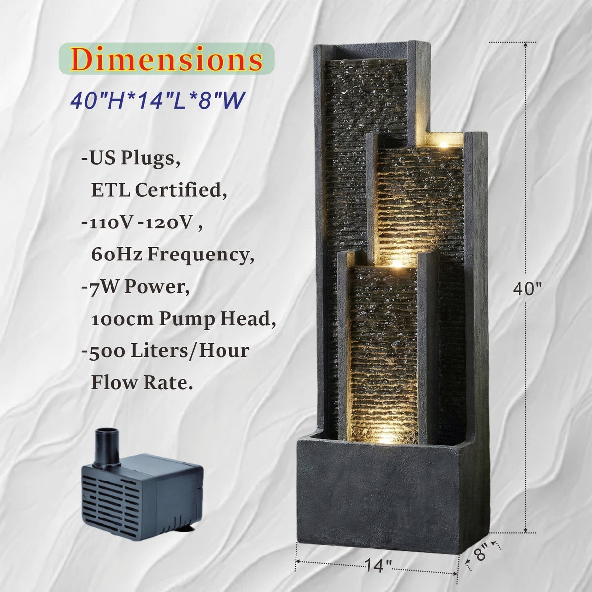 40 Inch Modern Outdoor Water Fountain