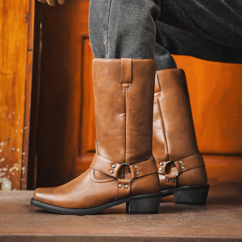 Men's Western Cowboy Boots – Square Toe Chunky Heel Slip-On