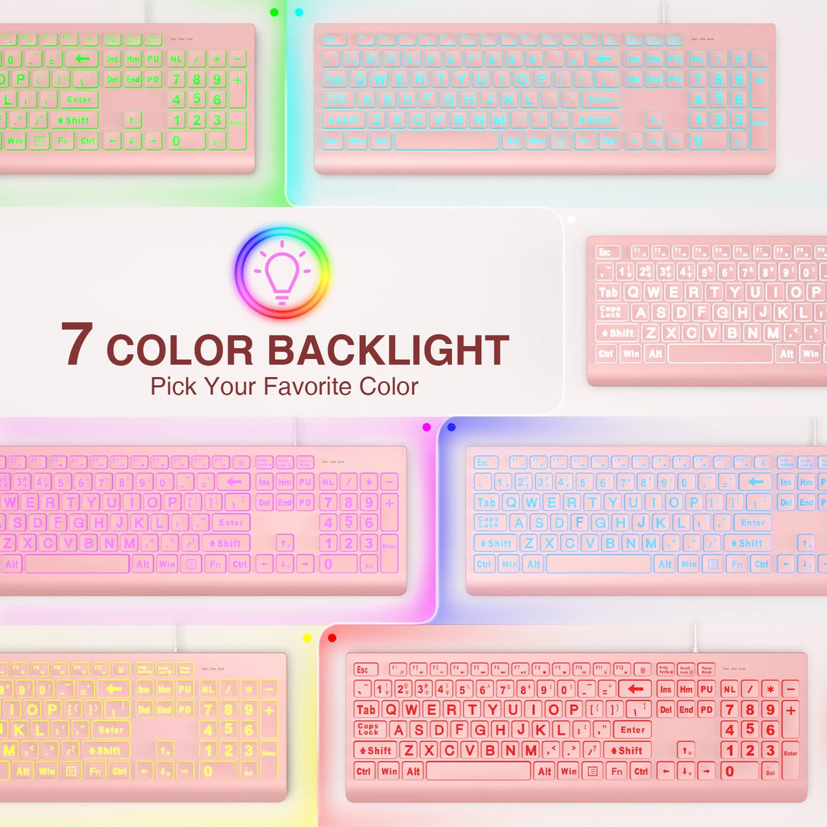 Large Print Backlit Keyboard - Wired USB Lighted Computer Keyboard for Laptops,Pink