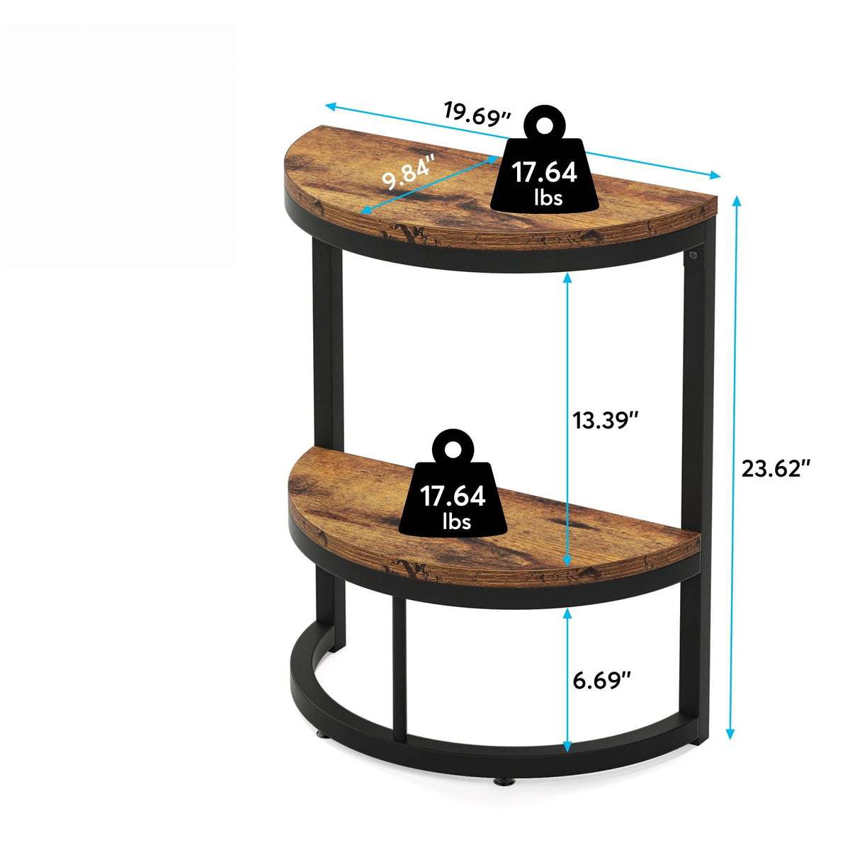 Slim Half Moon 2 Tier Semi Circle End Table, Wide Storage For Living - Rustic Brown