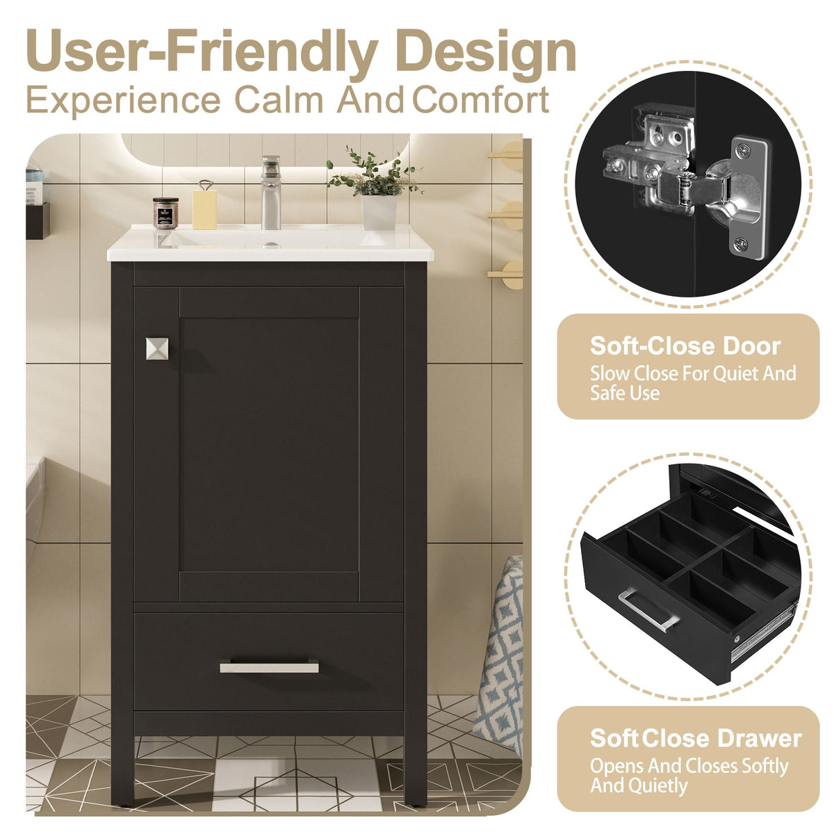 Bathroom Vanity With Ceramic Sink, Soft Close Drawers, Door Organizer, Divider Drawer, Adjustable Foot Pads